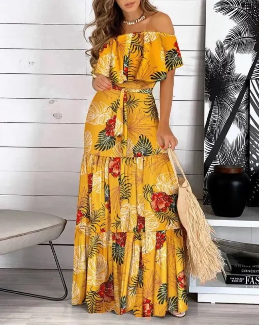 LprP2021 New Fashion Leopard Robe Print Long Dress Ruffle Maxi Sundress Bohemian Women Summer Sexy Casual