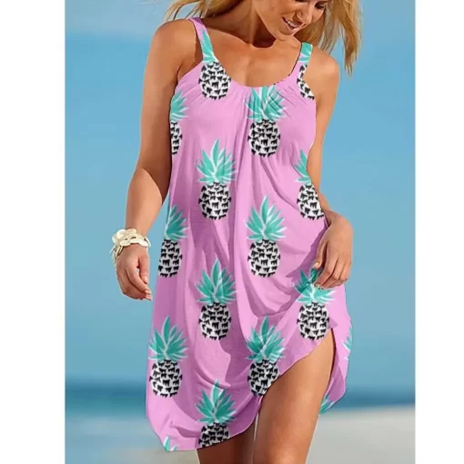 NCWJWomen O Neck Sleeveless Dress Boho Solid Beach Sundress Tropical Fruit Print Fashion Sexy Beach Casual
