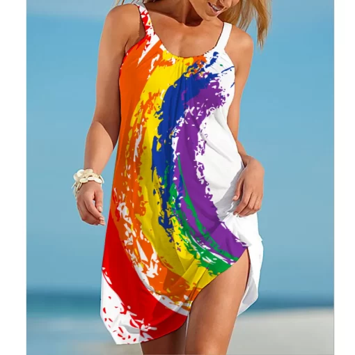 NEzRRainbow print gorgeous dress Bohemian beach dress Women s party dress Slim fit knee length dress