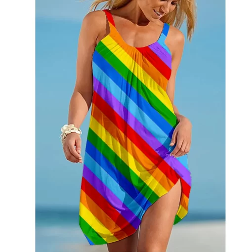 NTDFRainbow print gorgeous dress Bohemian beach dress Women s party dress Slim fit knee length dress