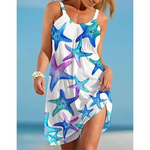 NbJSSeashell Print Strap Dress Sexy Sleeveless Beach Bohemian Midi Dress Women Fashion Evening Party Dresses Elegant