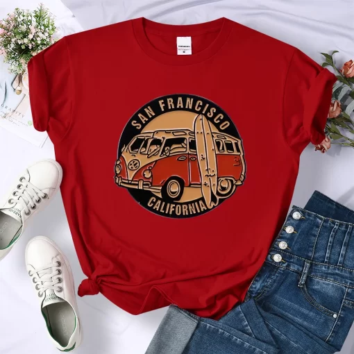 NmObSan Francisco California Vintage School Bus Print T shirt Women Street Breathable Tops Loose Short Sleeve