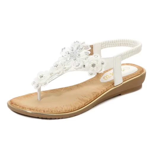 OKPm2024 Women Flower Rhinestone Flat Sandals Low Heel Wedges Summer Woman Open Toe Flip Flops Sandalias