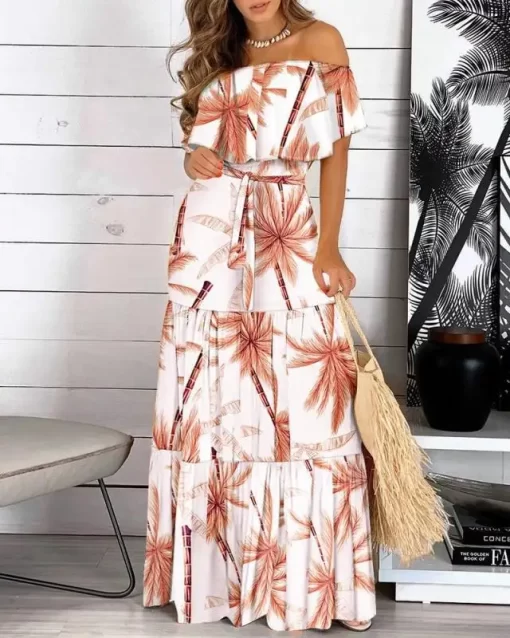 OPJp2021 New Fashion Leopard Robe Print Long Dress Ruffle Maxi Sundress Bohemian Women Summer Sexy Casual