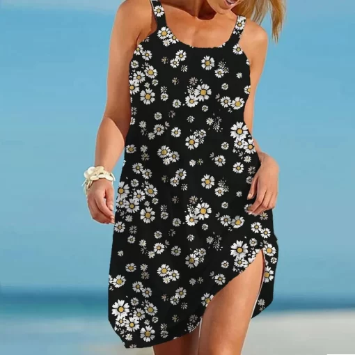 OiQqSummer Sunflower Beach Dress for Women 3D Print Vacation Party Sundress Ladies Casual Sleeveless Beachwear Female