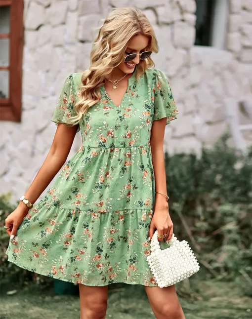 PPceLadies Casual Floral Chiffon Dress Half Open Collar Fashion Printed Dress Spring Summer V Neck Holiday