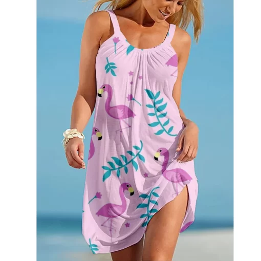 PVBAFlamingo Print 3D Girl Midi Dress Bohemian Beach Dress Women Party Dress Slim Fit Knee Length