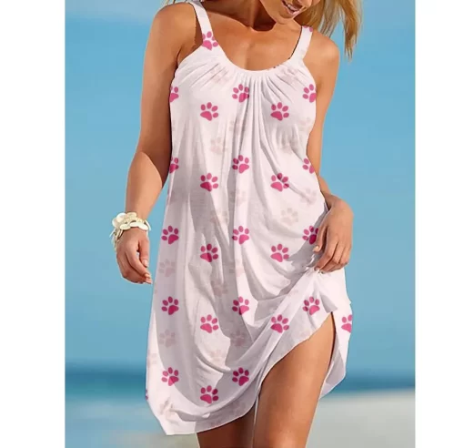 Q74XSummer Dog Paw Boho Sexy Beach Dress 3D Print Women Sleeveless Dresses Hawaii Casual Vintage Beachwear