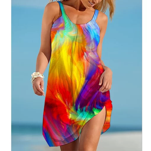 QTn3Rainbow print gorgeous dress Bohemian beach dress Women s party dress Slim fit knee length dress