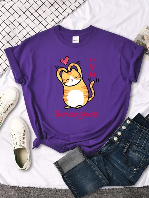 Qw5CThan A Heart Little Orange Cat Cute Print T Shirt Women Kawaii Cartoon Graphic Clothes Female