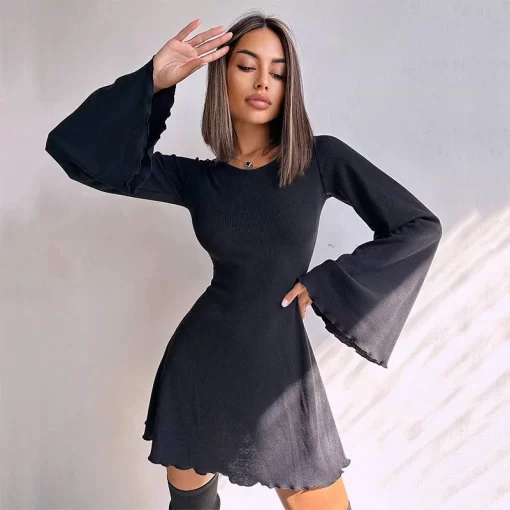 R2RsSexy Dresses Nightclub Mini Short Party Dress Women Back Bandage O Neck A Line Flare Sleeves