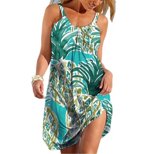 R41MWomen O Neck Sleeveless Dress Boho Solid Beach Sundress Tropical Fruit Print Fashion Sexy Beach Casual