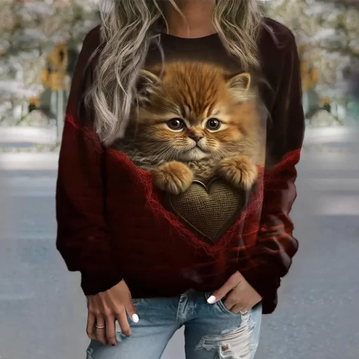RSmcWomen s Hoodie Cotton Sweatshirts Pullover Tops Fashion Kitten Print Long Sleeve Hoodies Girls Cute Casual