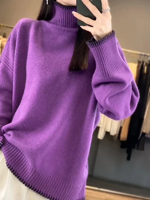 Rp4J100 Pure Wool Cashmere Sweater Women s 2023 Autumn Winter New Turtleneck Pullover Fashion Loose Large