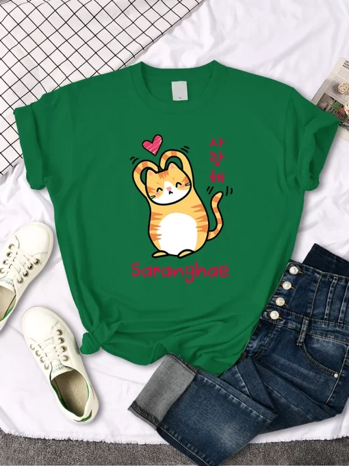 S4CKThan A Heart Little Orange Cat Cute Print T Shirt Women Kawaii Cartoon Graphic Clothes Female