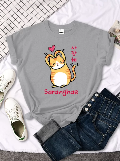 SzQbThan A Heart Little Orange Cat Cute Print T Shirt Women Kawaii Cartoon Graphic Clothes Female