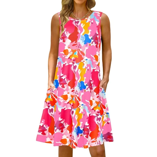 U4NyS 5Xl Colorful Printed O Neck Long Dress Casual Bohemian Sleeveless Ladies Summer Beach Sundress Travel