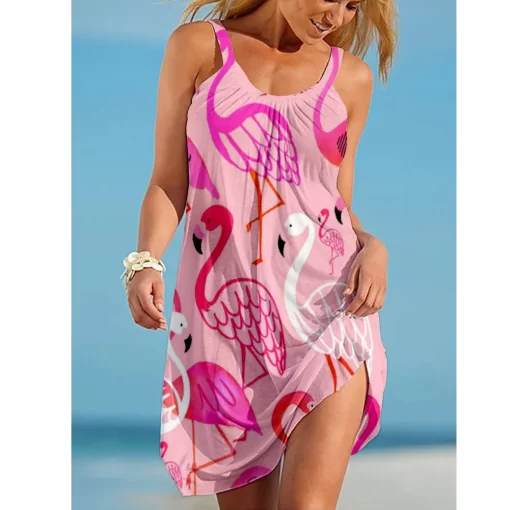 UAwLFlamingo Print 3D Girl Midi Dress Bohemian Beach Dress Women Party Dress Slim Fit Knee Length