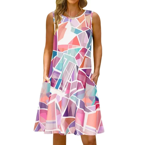 Ug9hS 5Xl Colorful Printed O Neck Long Dress Casual Bohemian Sleeveless Ladies Summer Beach Sundress Travel
