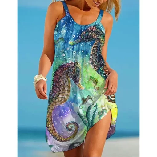 UhWgSeashell Print Strap Dress Sexy Sleeveless Beach Bohemian Midi Dress Women Fashion Evening Party Dresses Elegant