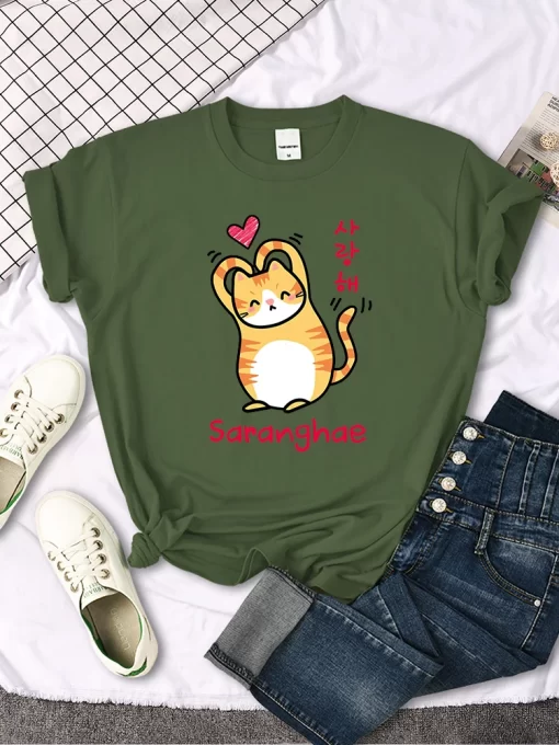 VZ7xThan A Heart Little Orange Cat Cute Print T Shirt Women Kawaii Cartoon Graphic Clothes Female