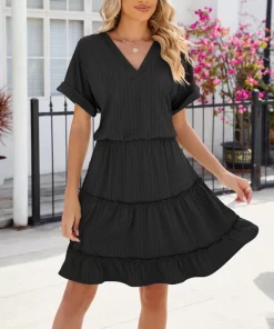 VlsnWomen Summer Short Sleeves Dress Elegant V Neck Simple Solid Color Beach Dress Elastic Waist Patchwork