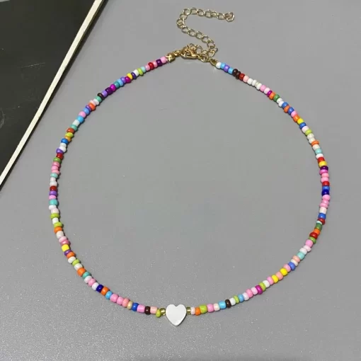 Waj3New Nature Shell Love Heart Choker Necklace for Girl Spring Summer Fashion Small Colorful Glass Beads