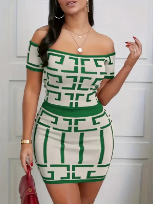 We2ASexy Geometric Print Two piece Set Off Shoulder Short Sleeve Top High Waist Slim Skirt Outfits