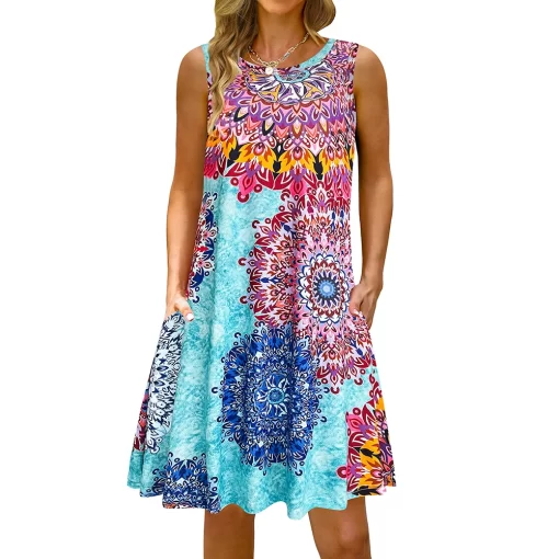 XJkqS 5Xl Colorful Printed O Neck Long Dress Casual Bohemian Sleeveless Ladies Summer Beach Sundress Travel