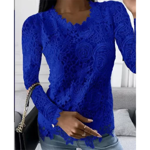 XnstSummer Fashion Woman Pulovers Blouses Lace Hollow Out Long Sleeves Solid T shirt Korean Style Star