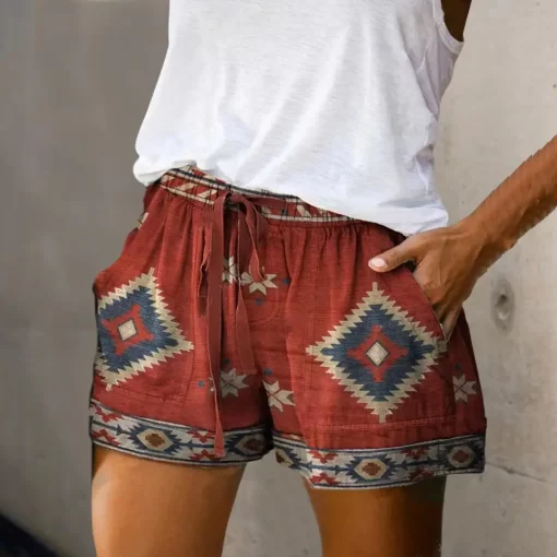 Ye5IBeach Shorts Summer High Waist Elastic Waistband Short Pants Pockets Women Shorts Retro Print Drawstring Loose