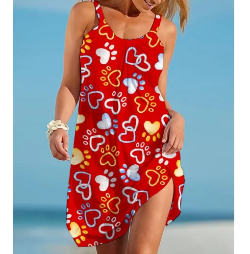 YgFlSummer Dog Paw Boho Sexy Beach Dress 3D Print Women Sleeveless Dresses Hawaii Casual Vintage Beachwear