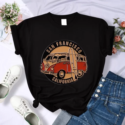 YuFJSan Francisco California Vintage School Bus Print T shirt Women Street Breathable Tops Loose Short Sleeve