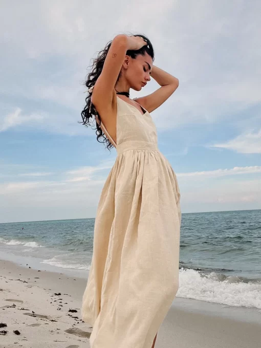 ZGFbTARUXY Sexy Backless Beach Dress For Women V Neck Splice Folds Long Dresses Womens Party Elegant