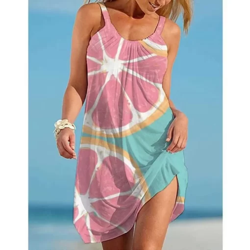 ZbbJWomen O Neck Sleeveless Dress Boho Solid Beach Sundress Tropical Fruit Print Fashion Sexy Beach Casual