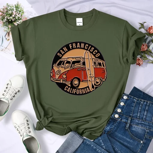 ZbmxSan Francisco California Vintage School Bus Print T shirt Women Street Breathable Tops Loose Short Sleeve
