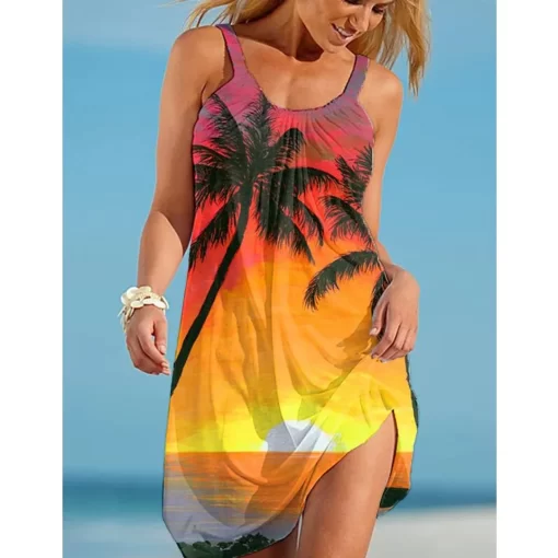 aEL4Tropic Beach Dress Womens Fashion Bohemian Sexy Strap Dress Party Evening Dresses Sleeveless Hem Knee length