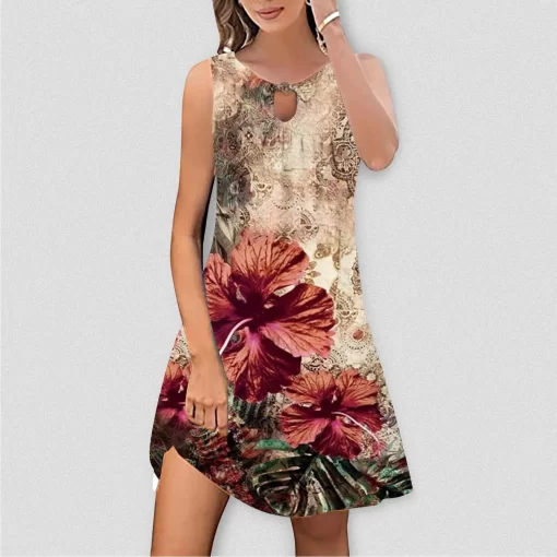 aKbqWomen S Floral Printed Casual Outfits Sleeveless Swing Dress Temperament Vacation Comfy Aline Sundress Vestidos Para
