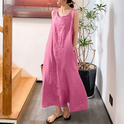 aQB3Loose Dress Cotton Linen Pocket Round Neck Sleeveless Dress Women Summer Vintage Vestido Feminino Long