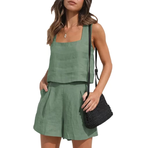 acFdShort Suit Women 2 Pieces Set Vest Shorts Outfit Solid Color Sleeveless Spring Summer Pockets Casual