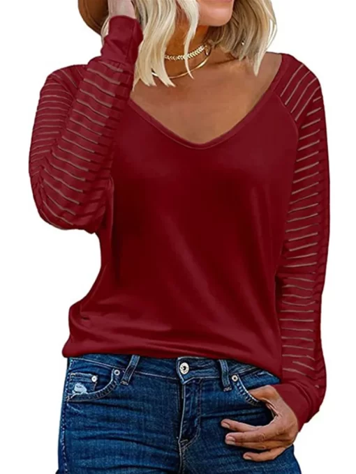 aliwWomen Long Sleeve Striped T Shirts Female Fashion Casual Loose Soild Color Tops Spring Autumn V