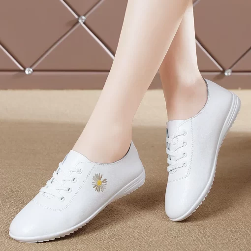 b25WGenuine Leather Soft Sole Walking Shoes for Women Lace Up Sneakers Female Luxury Slip On Flat