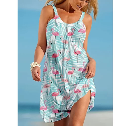 bS7DFlamingo Print 3D Girl Midi Dress Bohemian Beach Dress Women Party Dress Slim Fit Knee Length