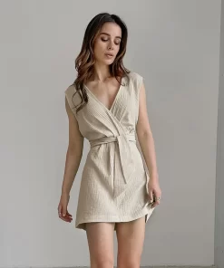 dCEt100 Cotton Chic And Elegant Woman Dress Sexy V Neck Sleeveless Bandage Lace Up Short Dresses