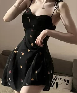 dDU9Summer Y2K Retro Floral Spaghetti Strap Bow Black Dress Mini Fashion Aesthetic Club Party Sexy Dresses