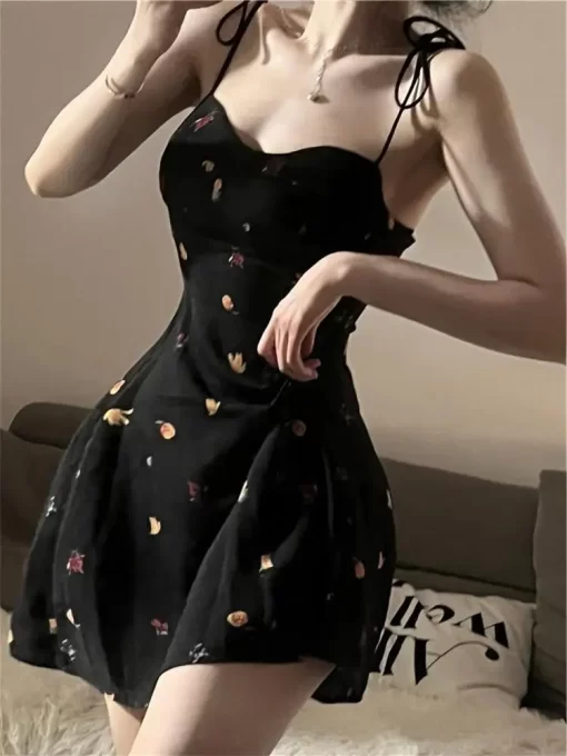 dDU9Summer Y2K Retro Floral Spaghetti Strap Bow Black Dress Mini Fashion Aesthetic Club Party Sexy Dresses