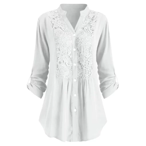 dMByElegant Fashion Femme Shirt Vintage V Neck Button Hollow Out Patchwork Lace Turn Down Collar Solid
