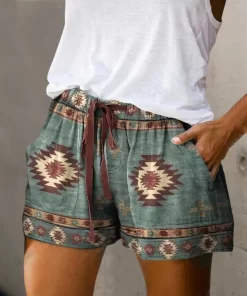 deAMBeach Shorts Summer High Waist Elastic Waistband Short Pants Pockets Women Shorts Retro Print Drawstring Loose