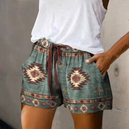 deAMBeach Shorts Summer High Waist Elastic Waistband Short Pants Pockets Women Shorts Retro Print Drawstring Loose