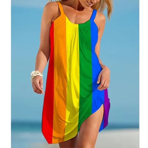 eHH7Rainbow print gorgeous dress Bohemian beach dress Women s party dress Slim fit knee length dress